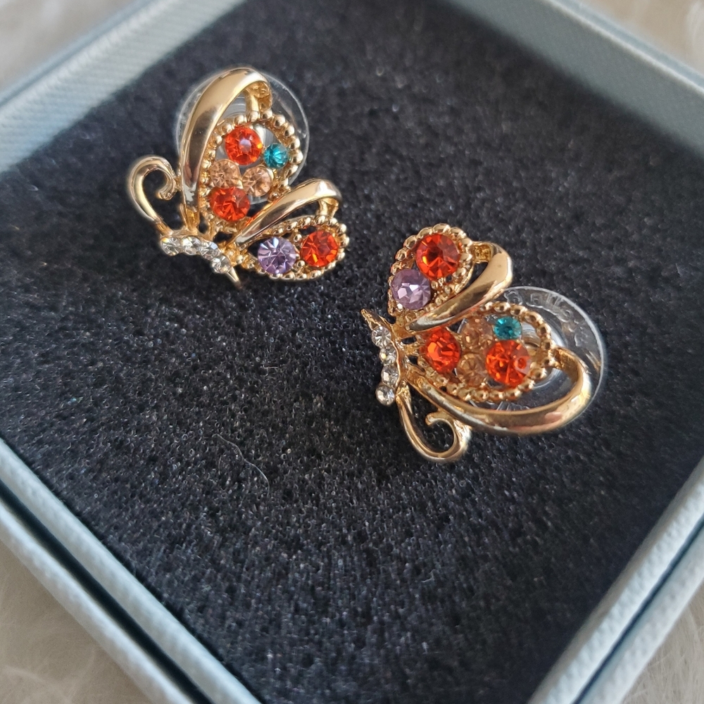 Gold and Multicolor Butterfly Earrings Brand New, Post with Comfort Back